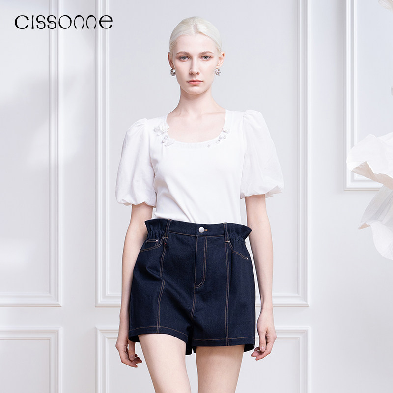 CISSONNE赛颂春夏款棉质领口白色立体花朵珠片泡泡袖T恤短袖女