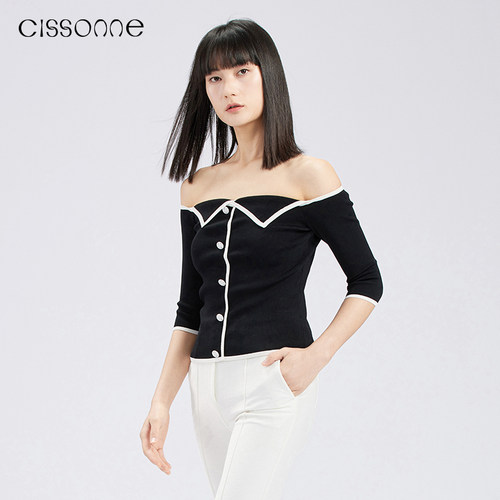 CISSONNE赛颂一字领七分袖上衣