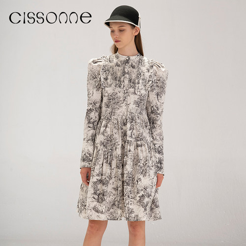CISSONNE赛颂复古森林印花连衣裙