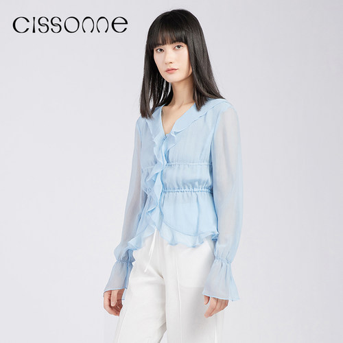 CISSONNE薄款桑蚕淡蓝色上衣