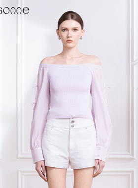 CISSONNE赛颂桑蚕丝一字领露肩紫色气质休闲宽松长袖衬衫上衣