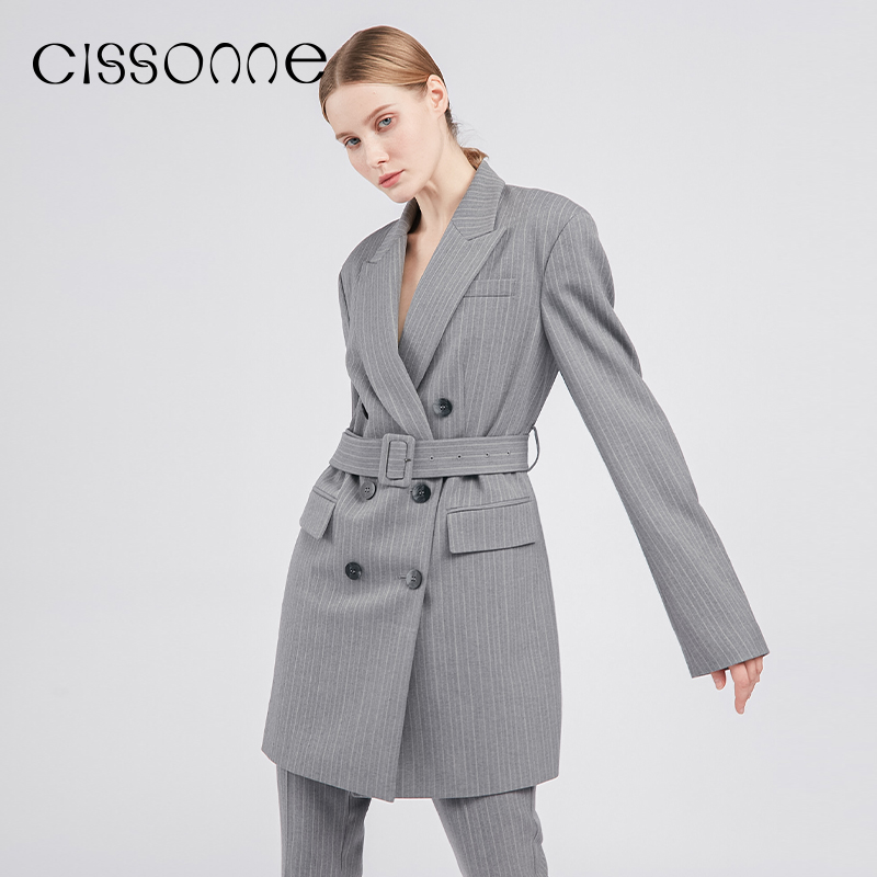 CISSONNE条纹羊毛混纺西装外套女