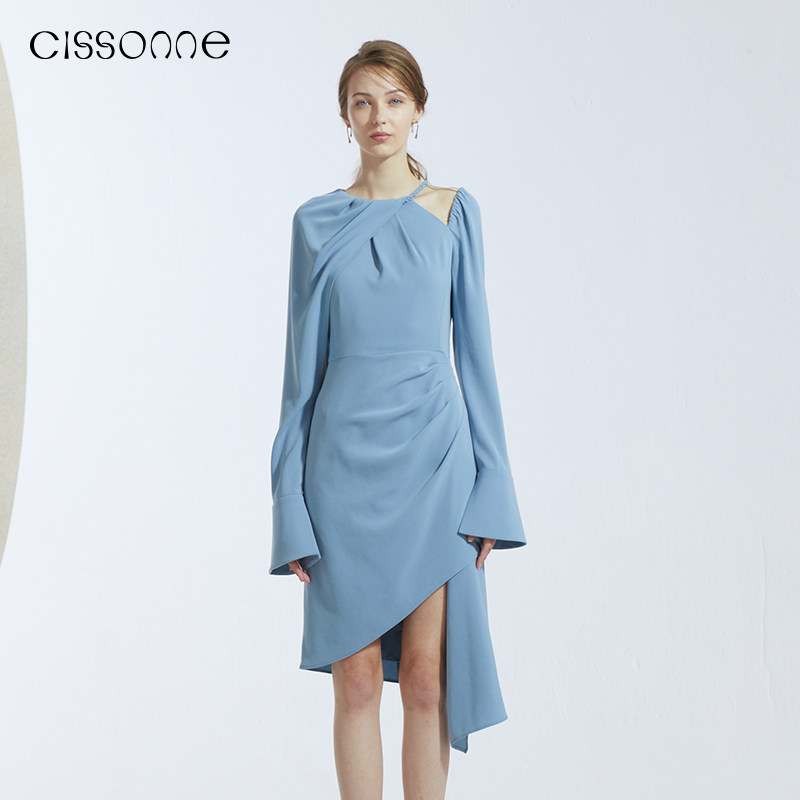 【明星同款】CISSONNE赛颂春季裙装进口醋酸镂空编织领连衣裙女