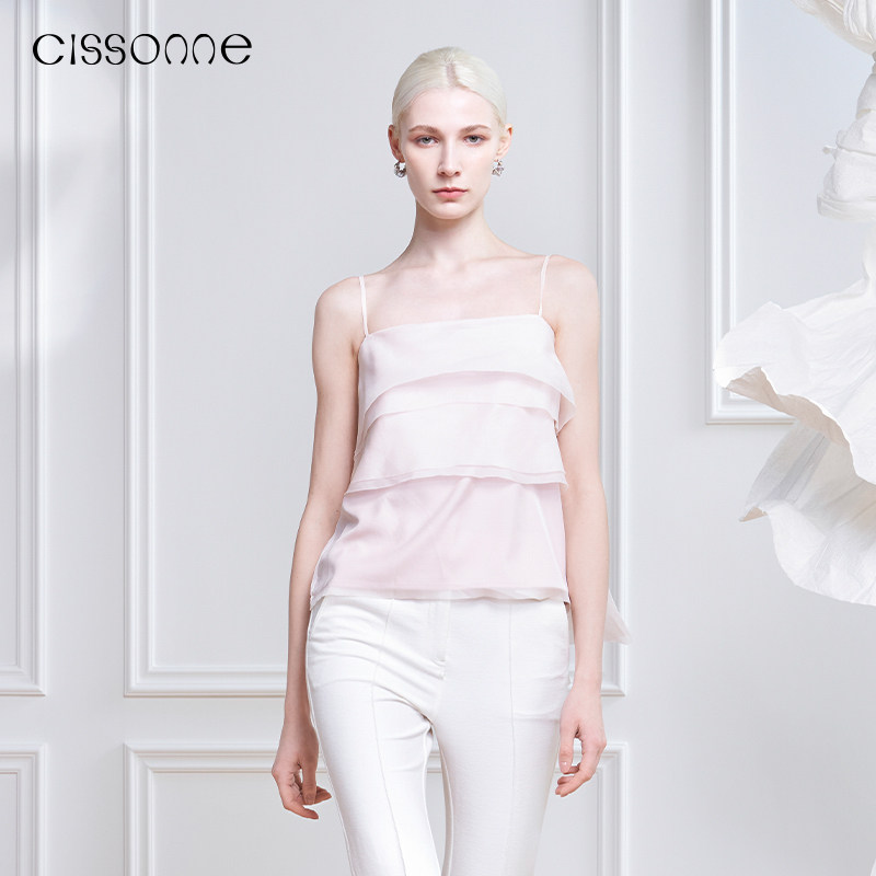 CISSONNE赛颂夏季100%桑蚕丝甜美芭蕾风层叠真丝雪纺吊带上衣