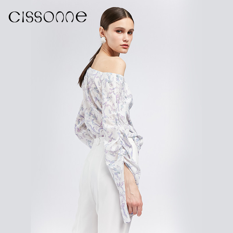 CISSONNE赛颂春季设计感女小众轻薄露肩紫色印花桑蚕丝长袖衬衫女