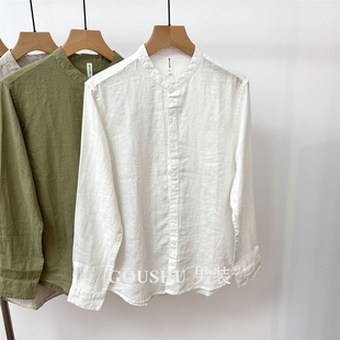 透气老钱风高定立领衬衣 男修身 法国进口雨露麻100%纯亚麻长袖 衬衫