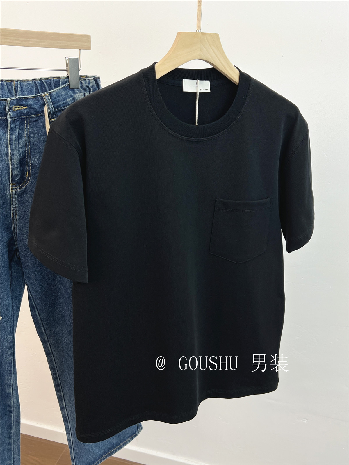 全棉重磅精梳棉螺纹领简约纯色圆领体恤男士休闲口袋短袖打底tee