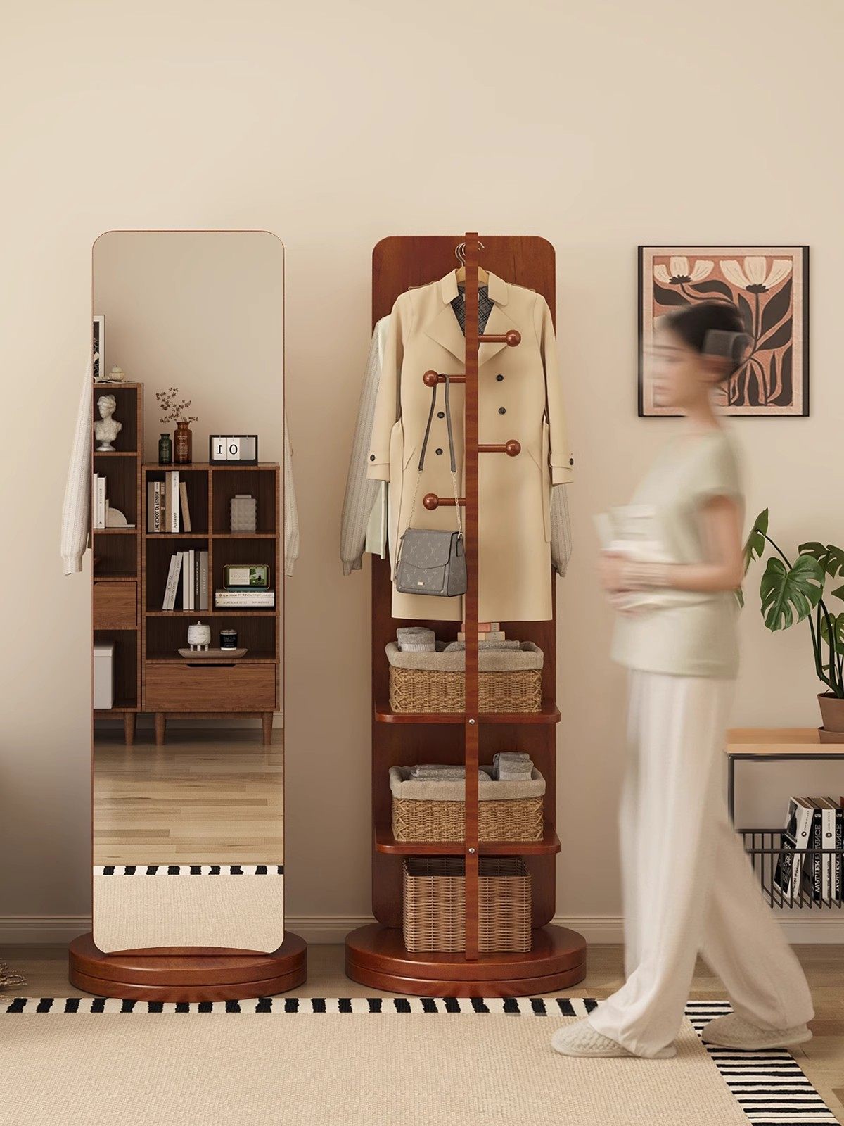 实木全身镜落地镜家用卧室旋转穿衣镜挂衣帽架一体式可移动试衣镜