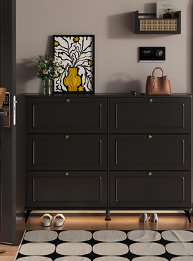 超薄黑色实木鞋柜门口外楼道玄关室内极窄翻斗入户收纳柜一体靠墙