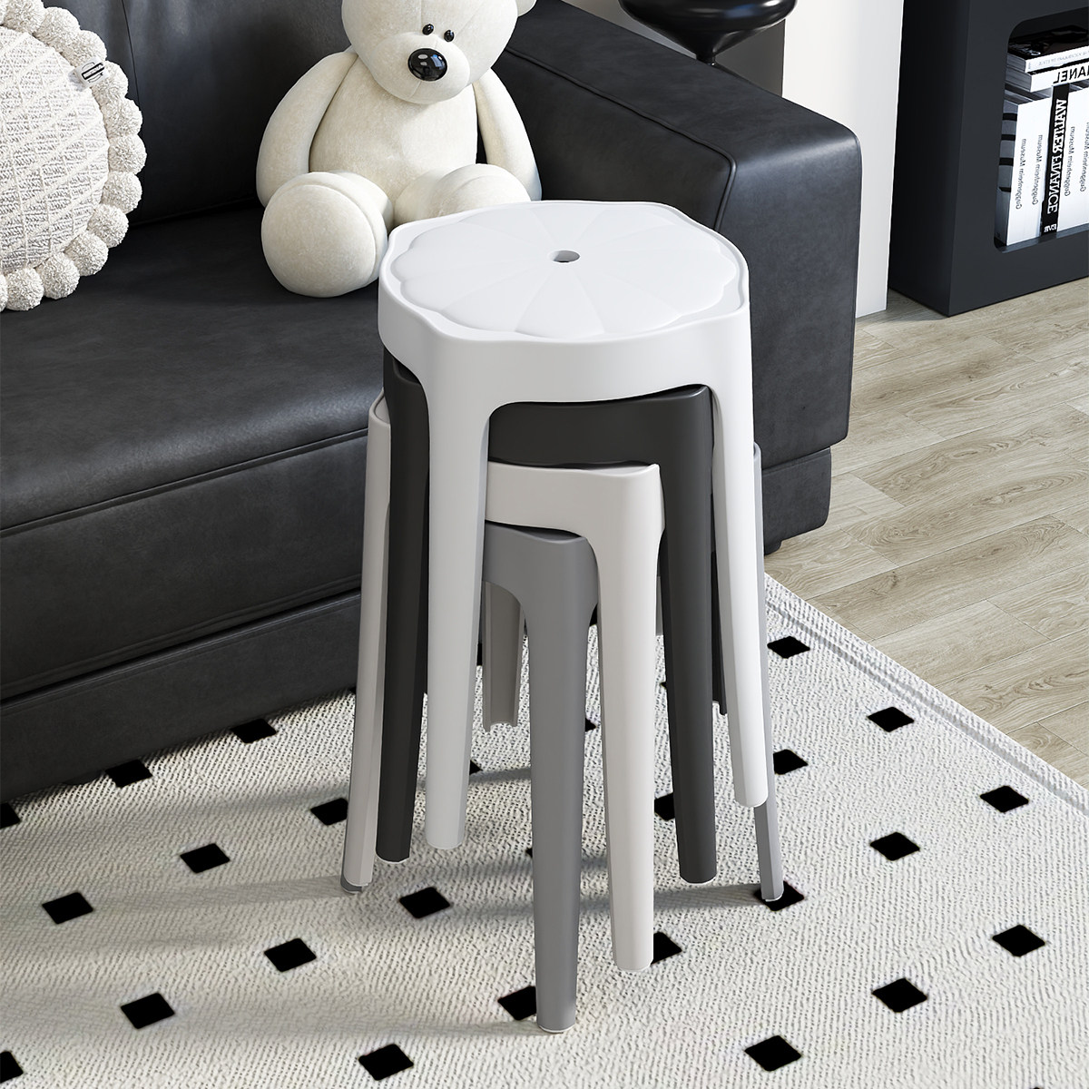 塑料凳子家用加厚可叠放圆凳现代简约餐桌高板凳风车胶凳备用椅子