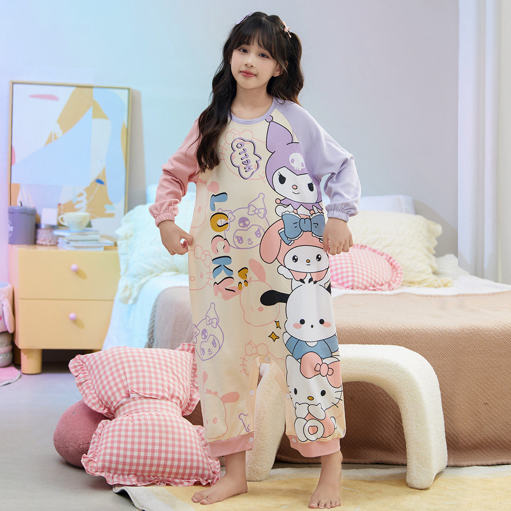 全棉母婴纯棉女童连体睡衣长袖纯棉薄款秋季中大童库洛米儿童宝宝