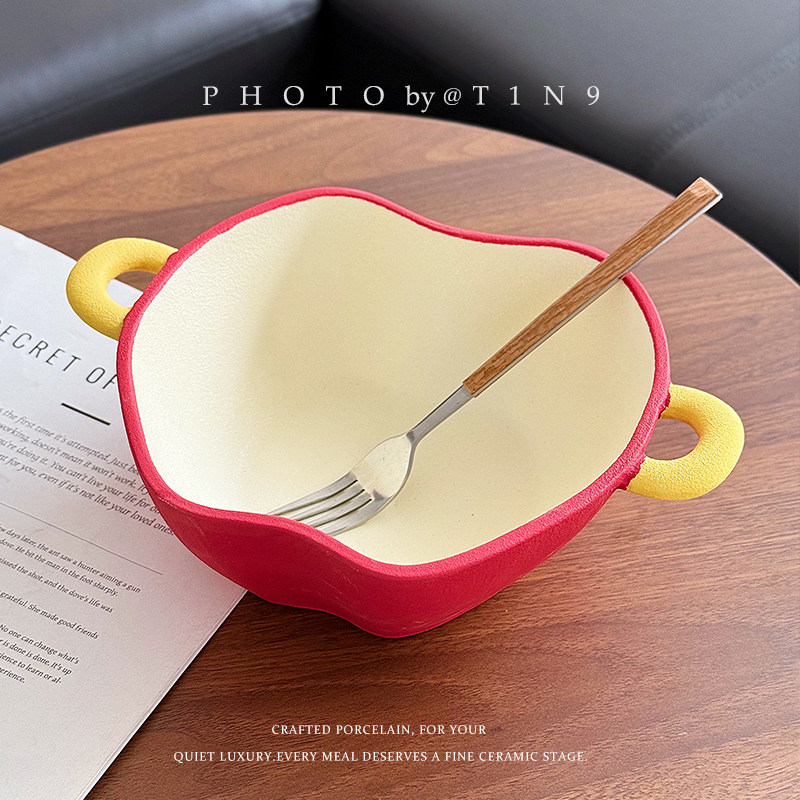 磨砂餐具高级感小众双耳汤碗漂亮面碗家用陶瓷大碗汤盆面条手柄碗