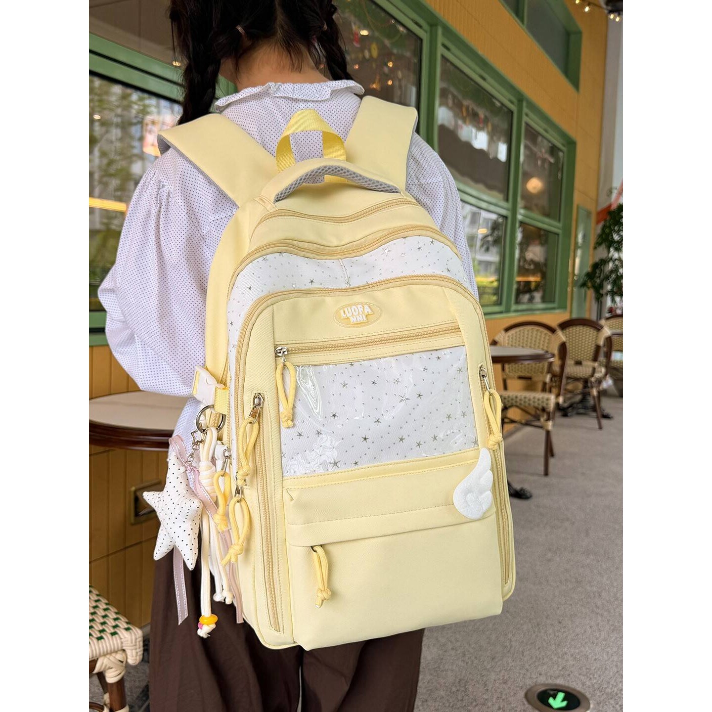 品牌奶黄银色星星烫印闪亮少女心双肩包中小学生甜美风多隔层双肩