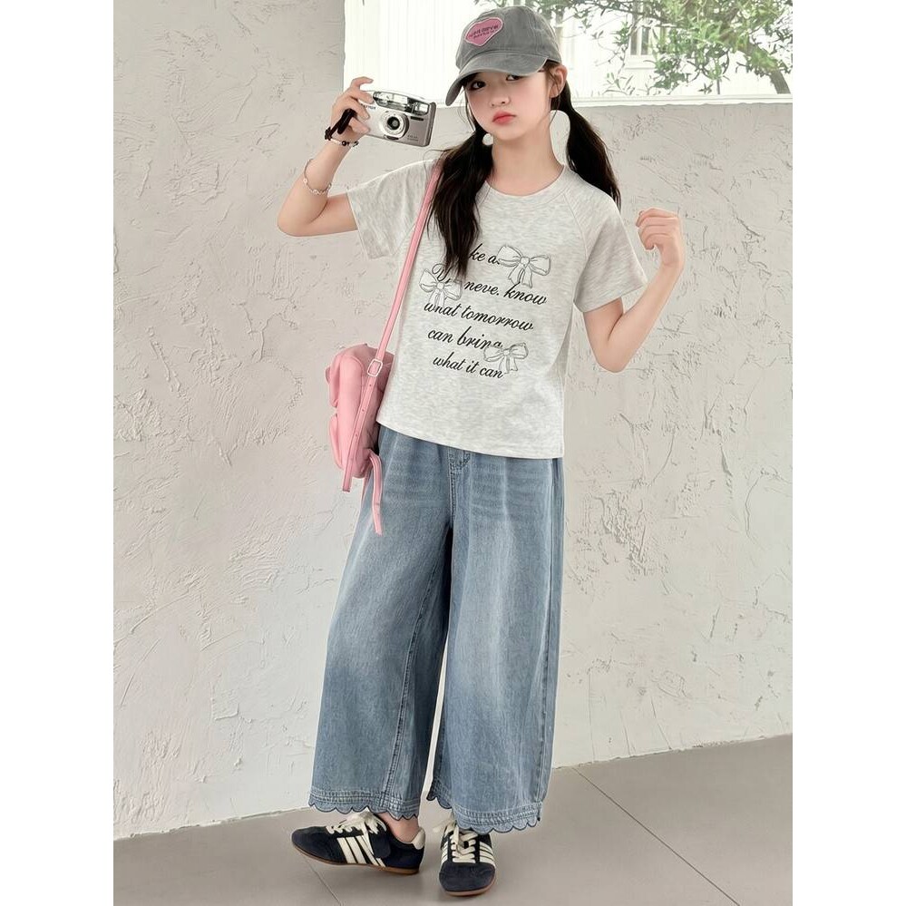 高档品牌女童夏装新款韩版套装 中大童休闲短袖T恤牛仔裤两件套儿