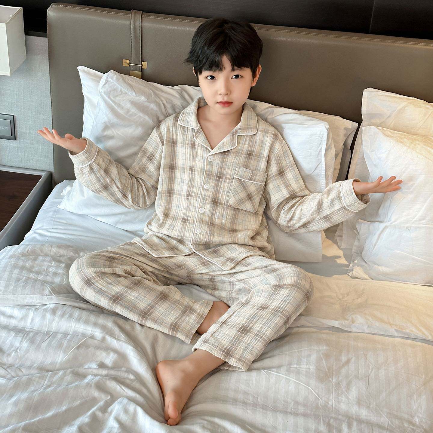 高档品牌男童纯棉家居服春秋长袖休闲格子中大童柔软亲肤开衫睡衣