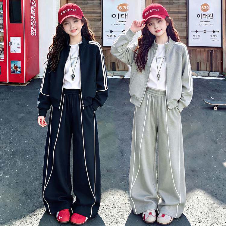 高档品牌2026年秋季新款拉条套装女童韩版针织香蕉裤宽松条纹阔腿