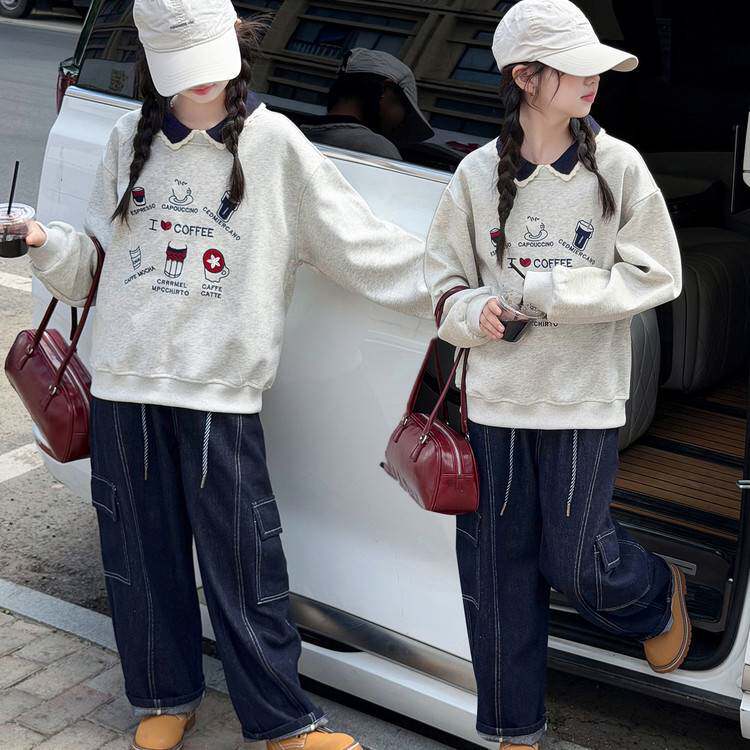 高档品牌女童秋季卫衣韩系新款女孩长袖休闲可爱套头娃娃领工装牛