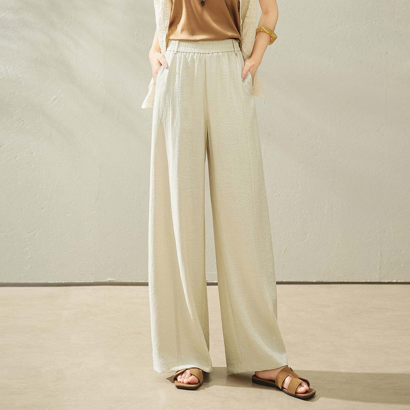 高档品牌亚麻阔腿裤女夏季薄款2026宽松垂感小个子休闲窄版冰丝直