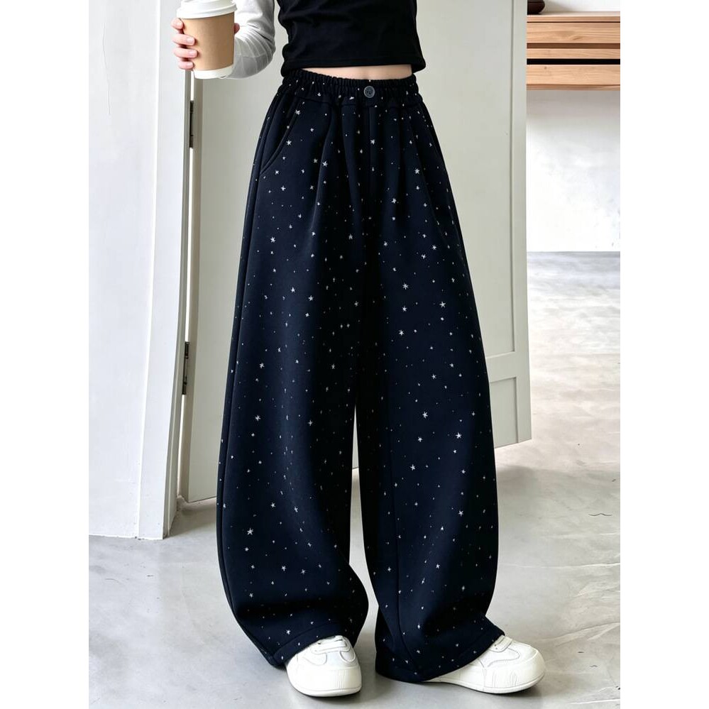 高档品牌童装女童满印星星阔腿裤秋冬宽松加绒加厚高腰坯布印花直