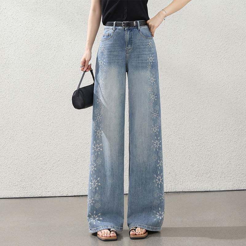 高档品牌2026新款高腰烫钻阔腿牛仔裤女浅蓝显瘦垂感直筒宽松百搭