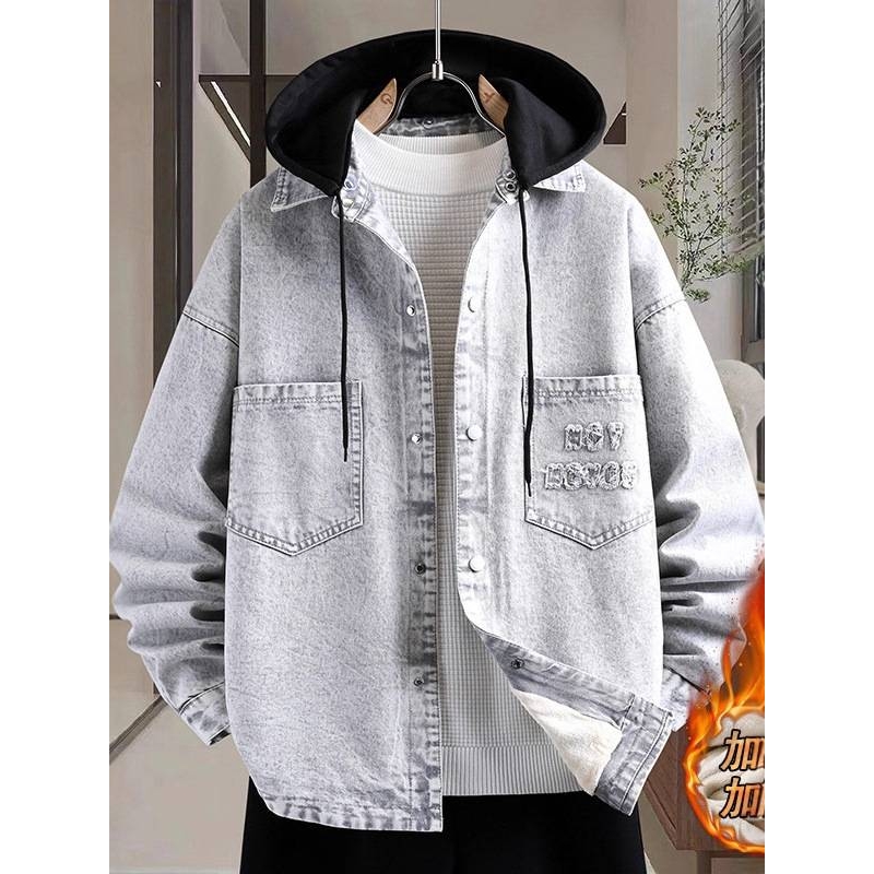 高档品牌男士加绒加厚连帽夹克2025秋冬新款男装青年时尚休闲假两