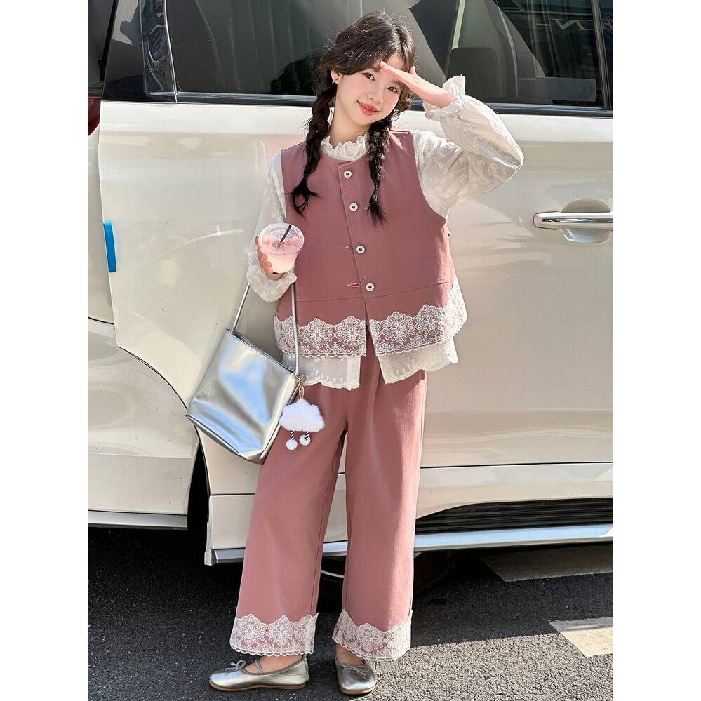 高档品牌女童春装套装2026新款洋气时髦儿童装女大童花边衬衫阔腿