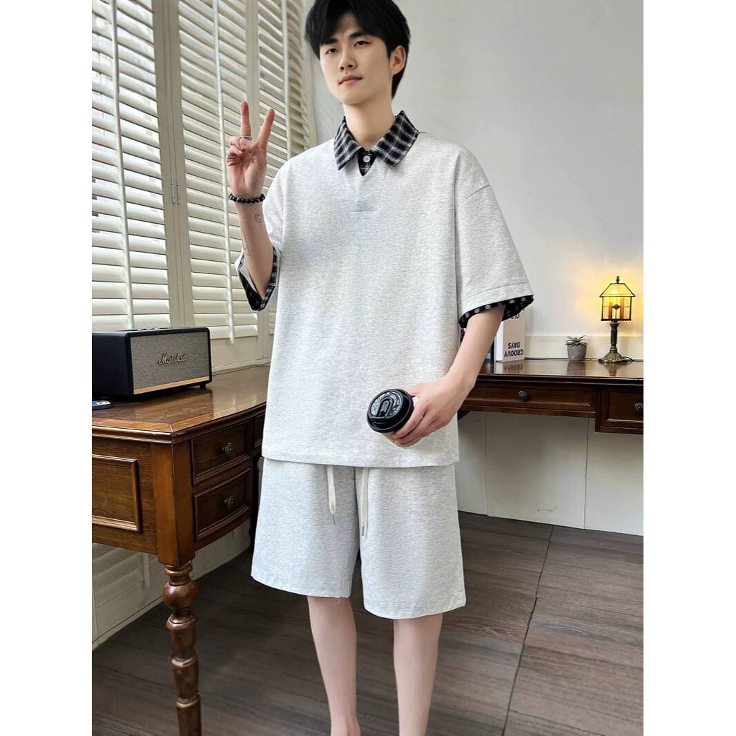 高档品牌青少年男士港风潮流拼接格子短袖POLO套装夏季学生百搭短
