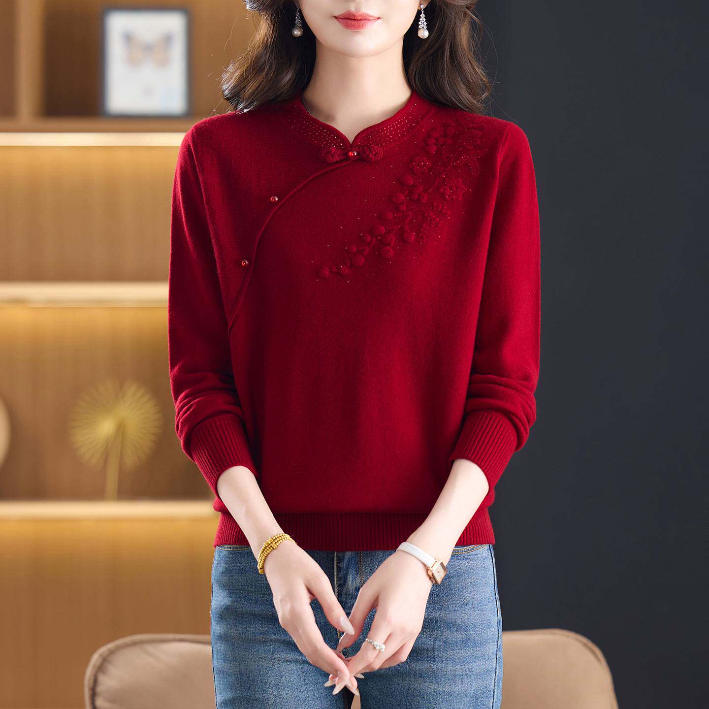高档品牌2026年本命年妈妈秋冬旗袍领毛衣中年人国风女装羊毛打底