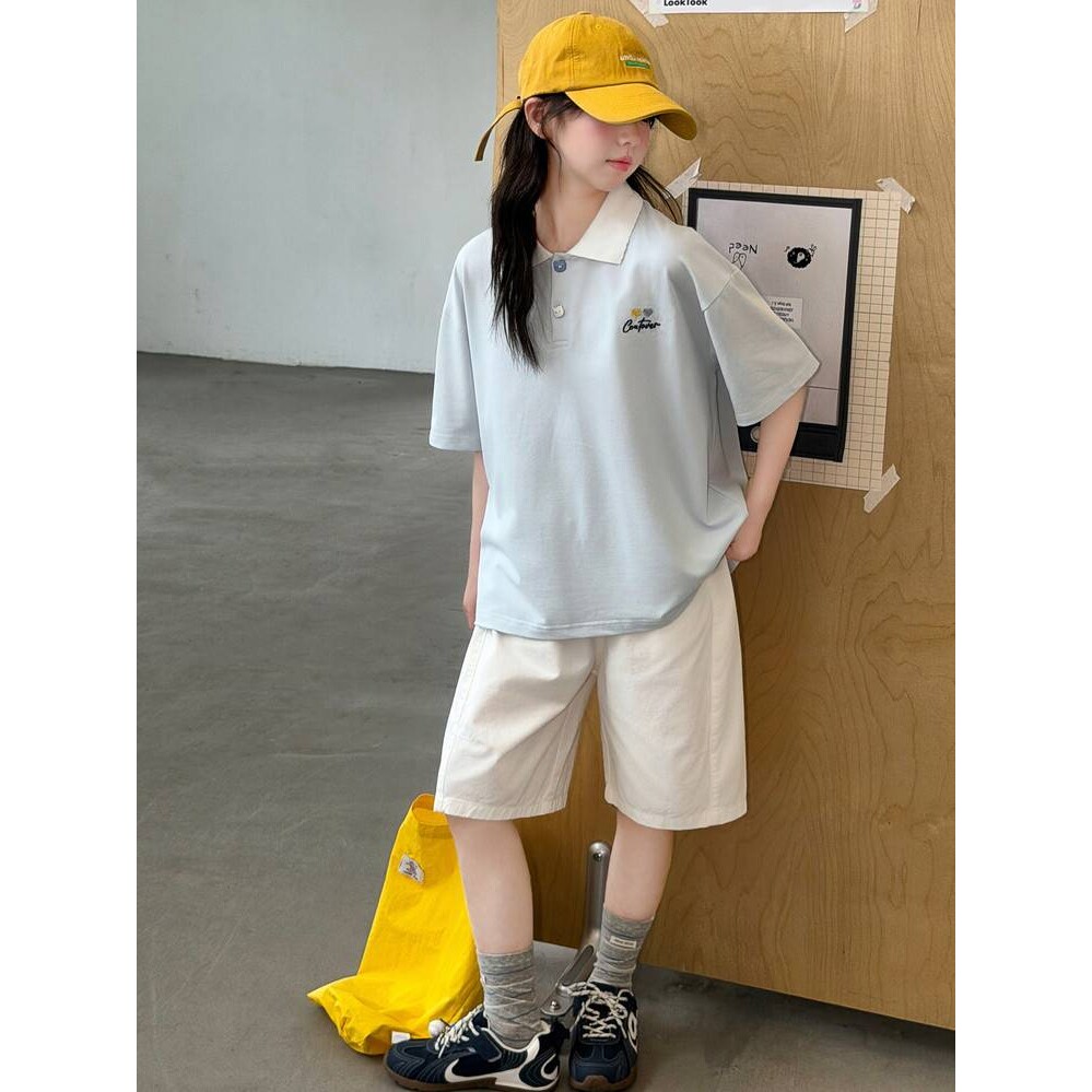 高档品牌女童夏装短袖套装薄款儿童polo衫纯棉短裤中大童休闲夏款