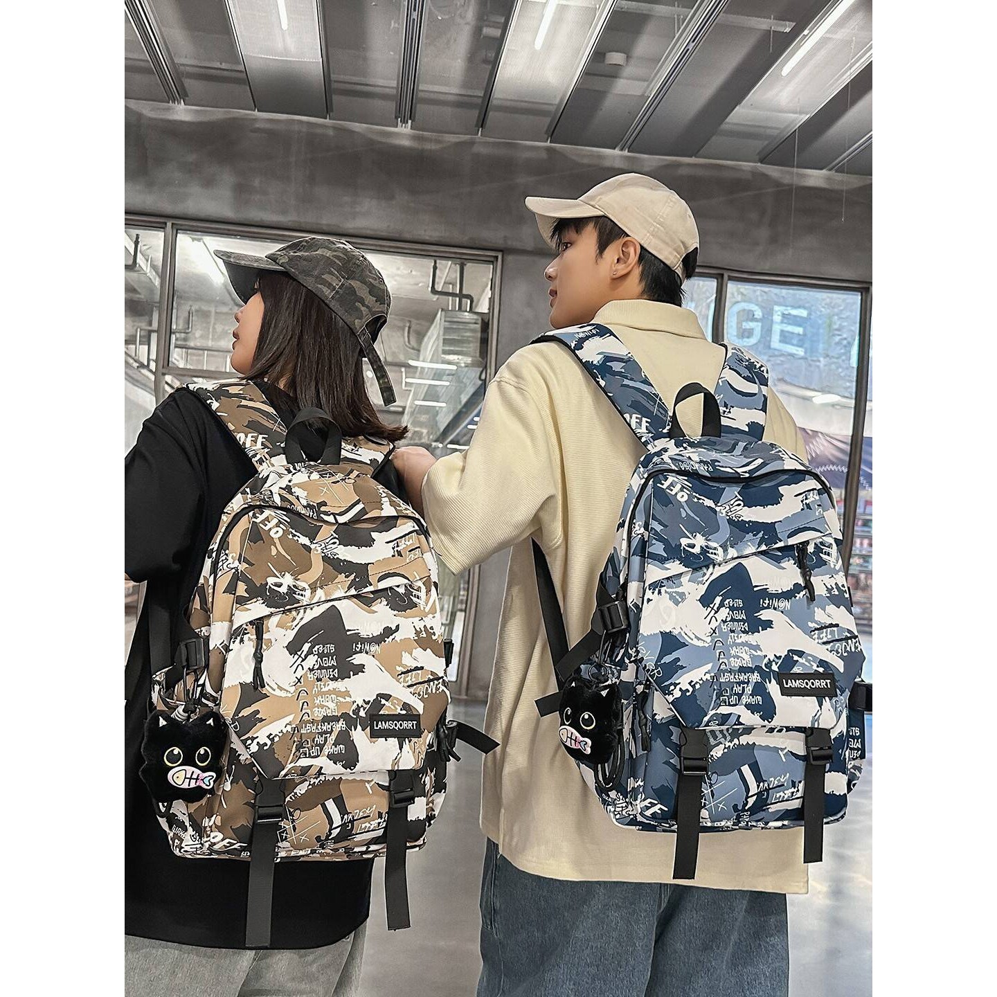 品牌冷调机能风迷彩印花学院风背包潮酷帅气初高中男生结实耐用双