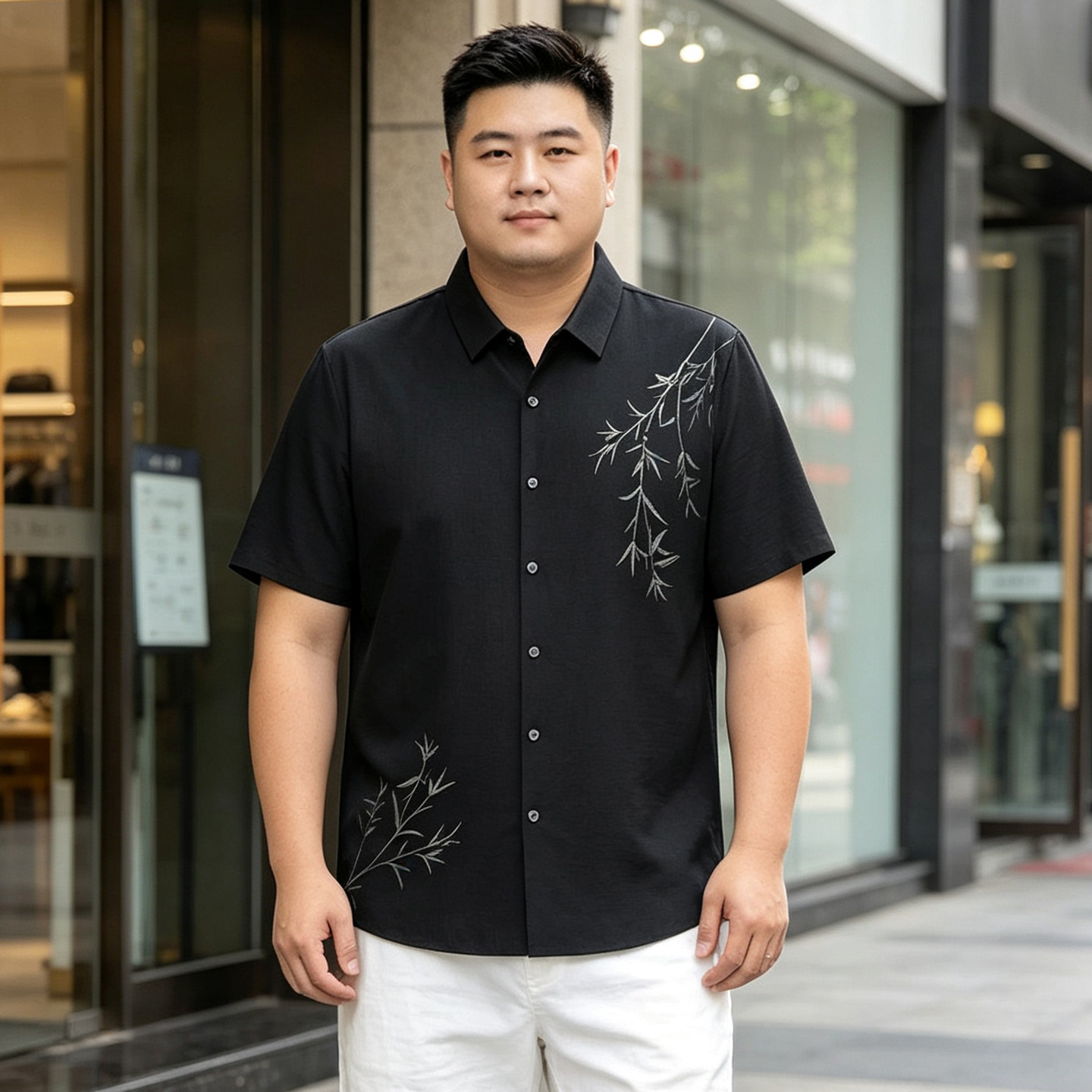 加肥加大码新中式短袖衬衫男冰丝薄款竹子印花胖子宽松透气衬衣夏