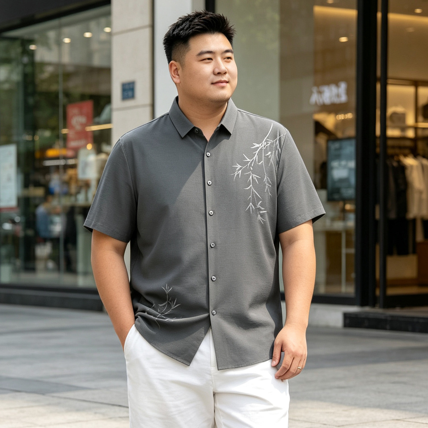 新中式国风中年男式短袖提花寸衫夏季胖子加肥加大码宽松薄款衬衫