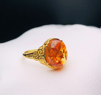 天然花珀蜜蜡戒指女复古高级感古董琥珀戒指s925纯银戒指饰品
