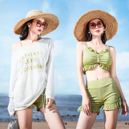 游泳衣女分体三件套显瘦保守学生仙女范长袖罩衫防晒平角温泉泳装