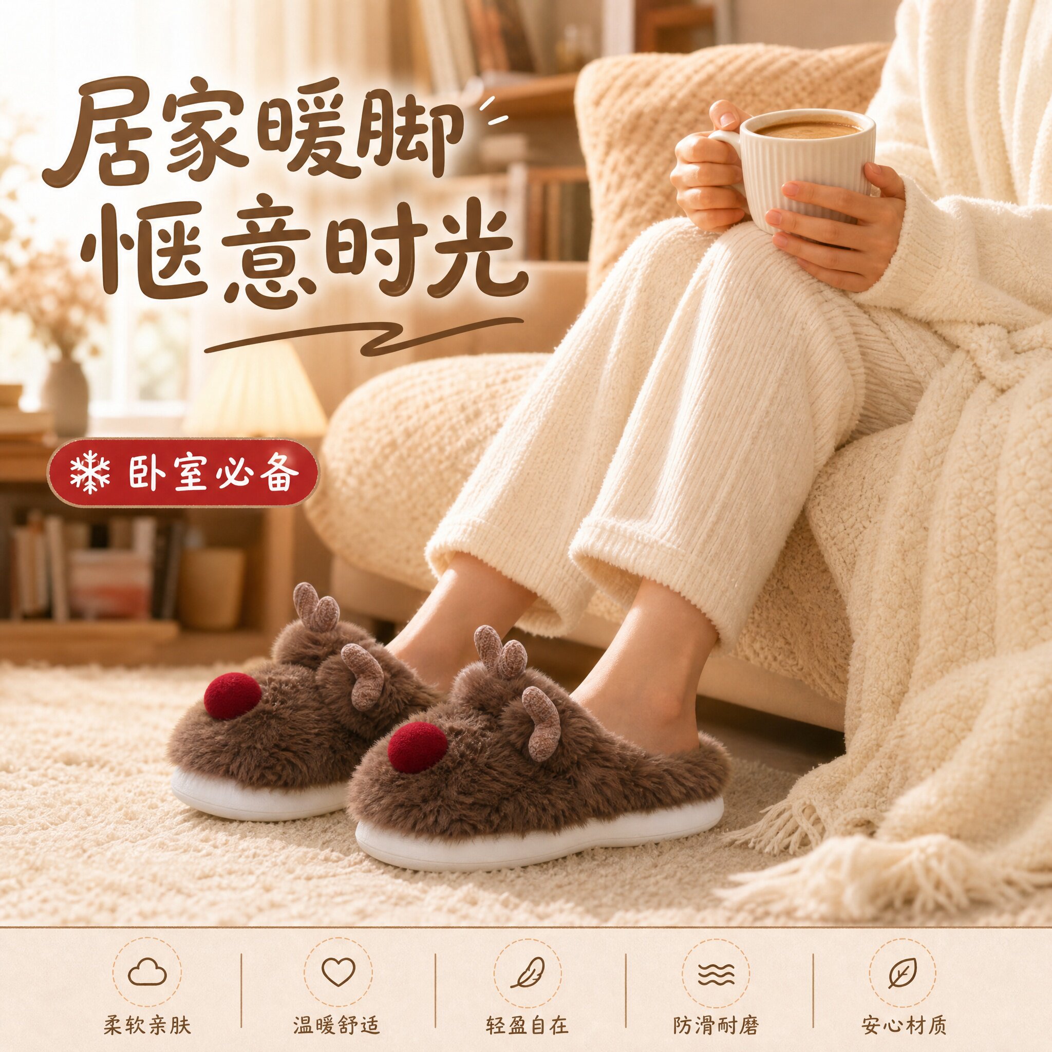 秋冬情侣可爱小鹿加绒防滑棉拖鞋图片