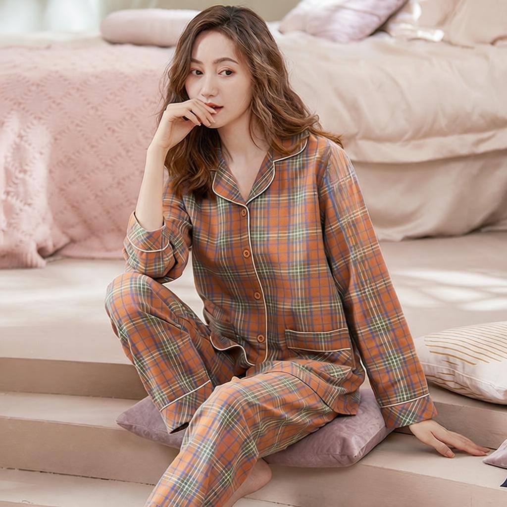 女士100 纯棉长袖睡衣新款全棉开衫冬天中年妈妈家居服宽松