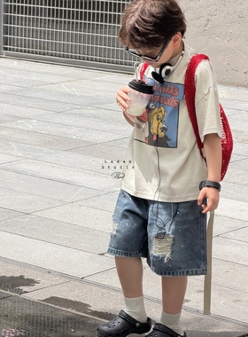 【夏】卤蛋童装.玩趣夏日/时髦印花短袖毛边破洞直筒牛仔中裤男女