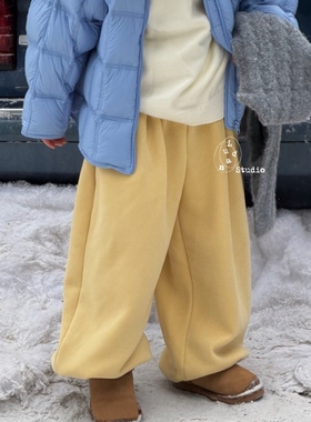 卤蛋童装：彩色风车岛/冬韩版时髦黄色加绒卫裤抽绳宽松男童裤子