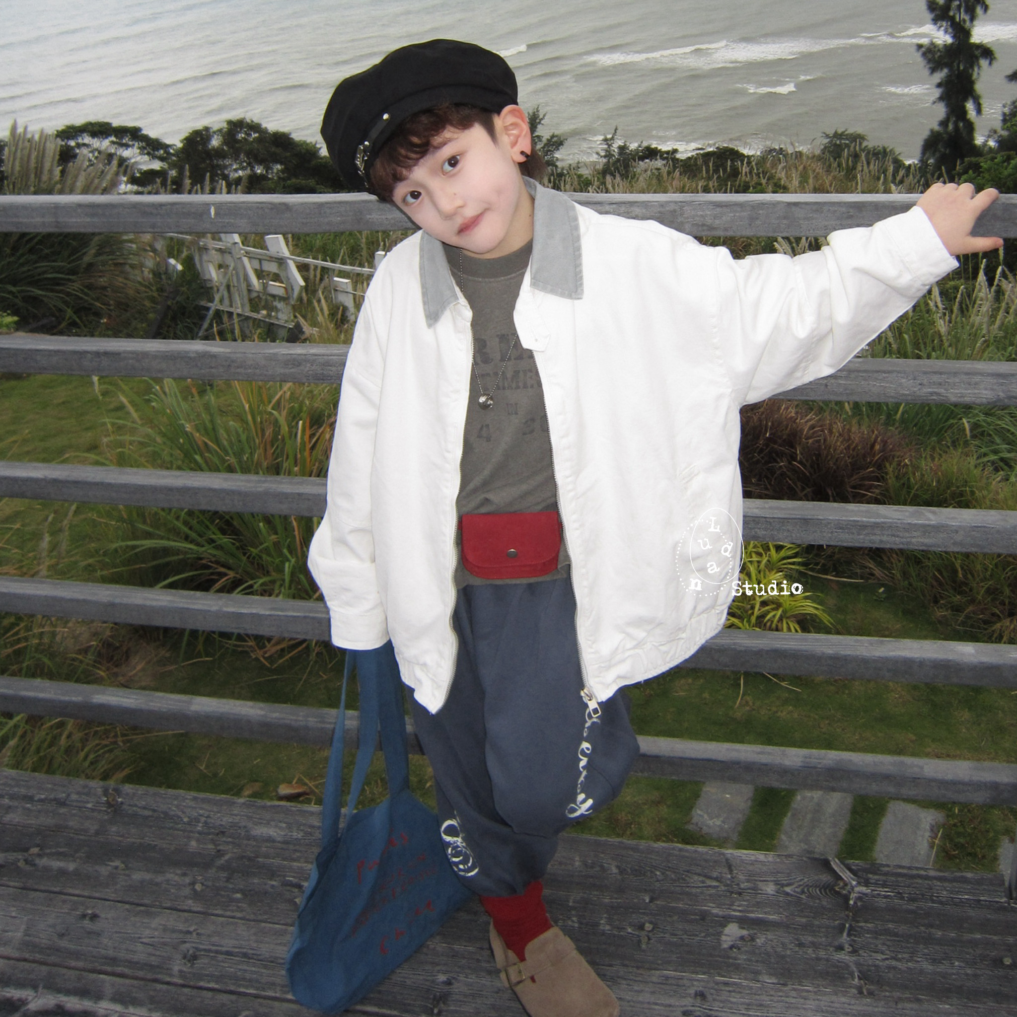 卤蛋童装&middot;复古潮范/春小众翻领夹克外套砂洗棉短袖九分裤男女童