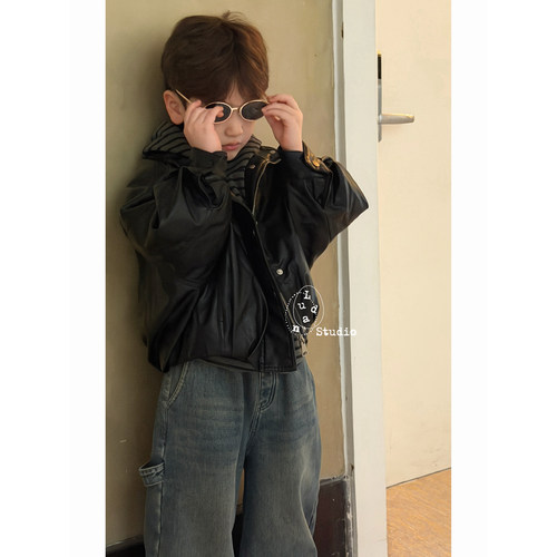 卤蛋童装·秀场时髦/冬韩蝙蝠袖立领拉链皮衣棉服黑色外套男女童