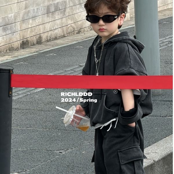 NO退NO换【美式做旧】重磅春款炭黑炒洗男童卫衣2412