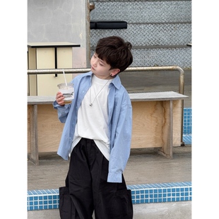 卤蛋童装·学院少年/春款时髦浅蓝色宽松长袖男童衬衫休闲裤短袖