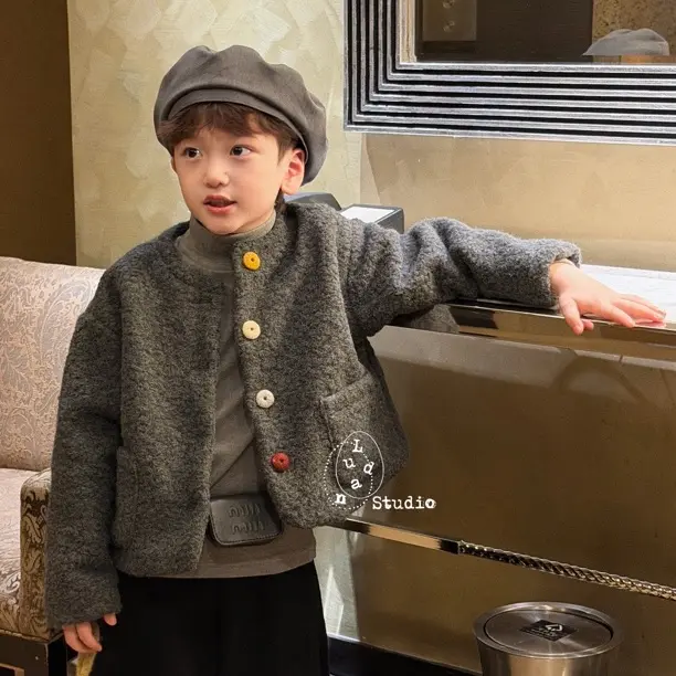 卤蛋童装·低饱和小香/秋冬灰色彩扣高定小众短款毛呢外套男女童,童装/婴儿装/亲子装,普通外套,淘宝优惠券,粉丝福利购,淘宝优惠卷