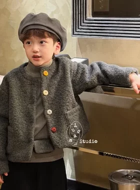 卤蛋童装·低饱和小香/秋冬灰色彩扣高定小众短款毛呢外套男女童