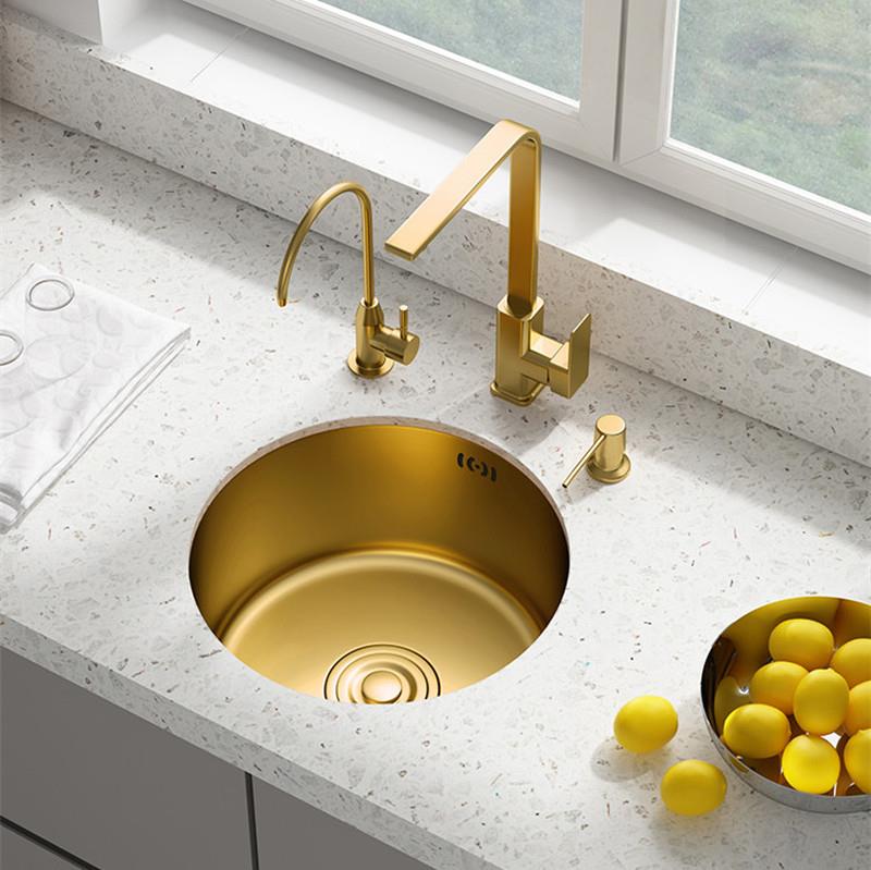 金色纳米圆形水槽中岛吧台单槽 厨房304不锈钢家用洗菜盆水池
