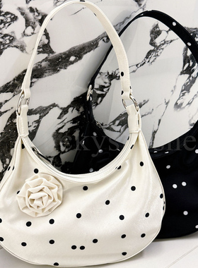 hai波点包2025新款手提花朵月牙腋下甜美芭蕾风半月黑白单肩包女