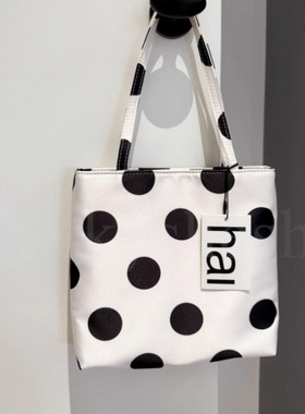 韩国小众韩系高级感少女单肩腋下手提百搭复古hai白色波点小方包