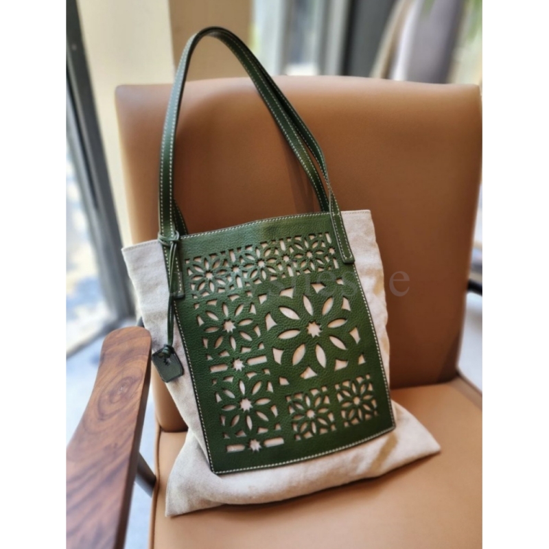 genten镂空牛皮帆布单肩托特大包