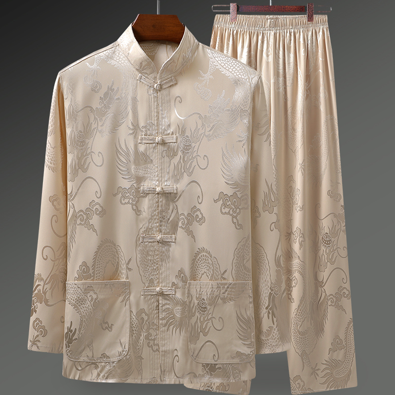 冰丝唐装男长袖薄款中国风春夏装中老年爸爸衬衫老人衣服爷爷套装