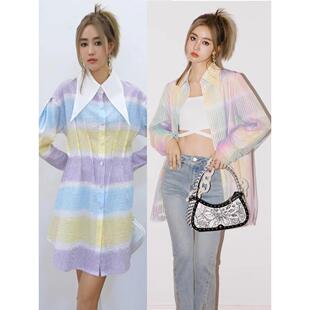 TT.RR.YY/ME设计师品牌24春夏彩虹中长衬衫裙尖领时尚甜美衬衣潮